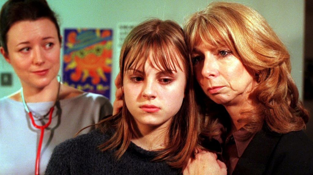 Gail with her scared-looking young pregnant daughter Sarah, and a nurse