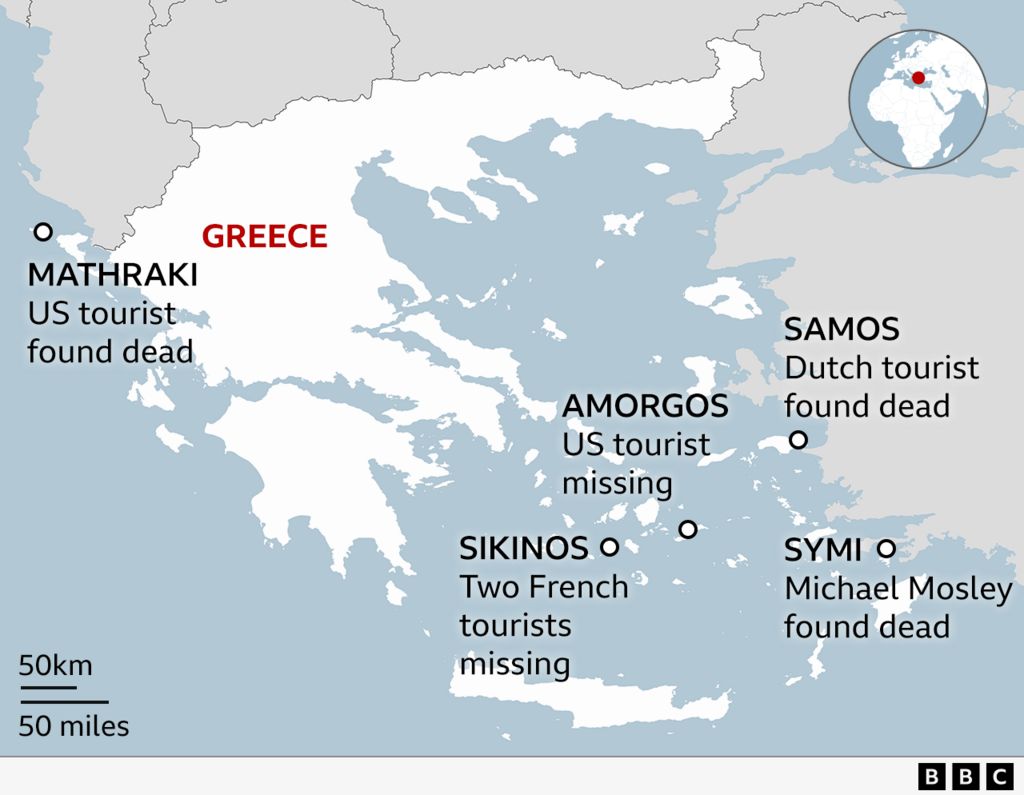 A BBC map shows Greek islands on which tourists have recently gone missing or died: Mathraki, Sikinos, Amorgos, Samos and Symi