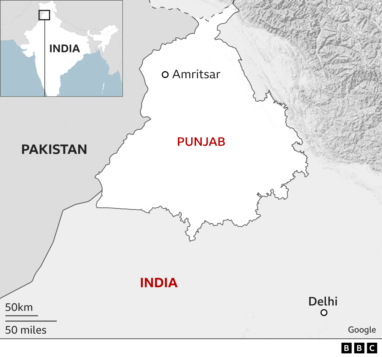 Map showing Amritsar and Punjab