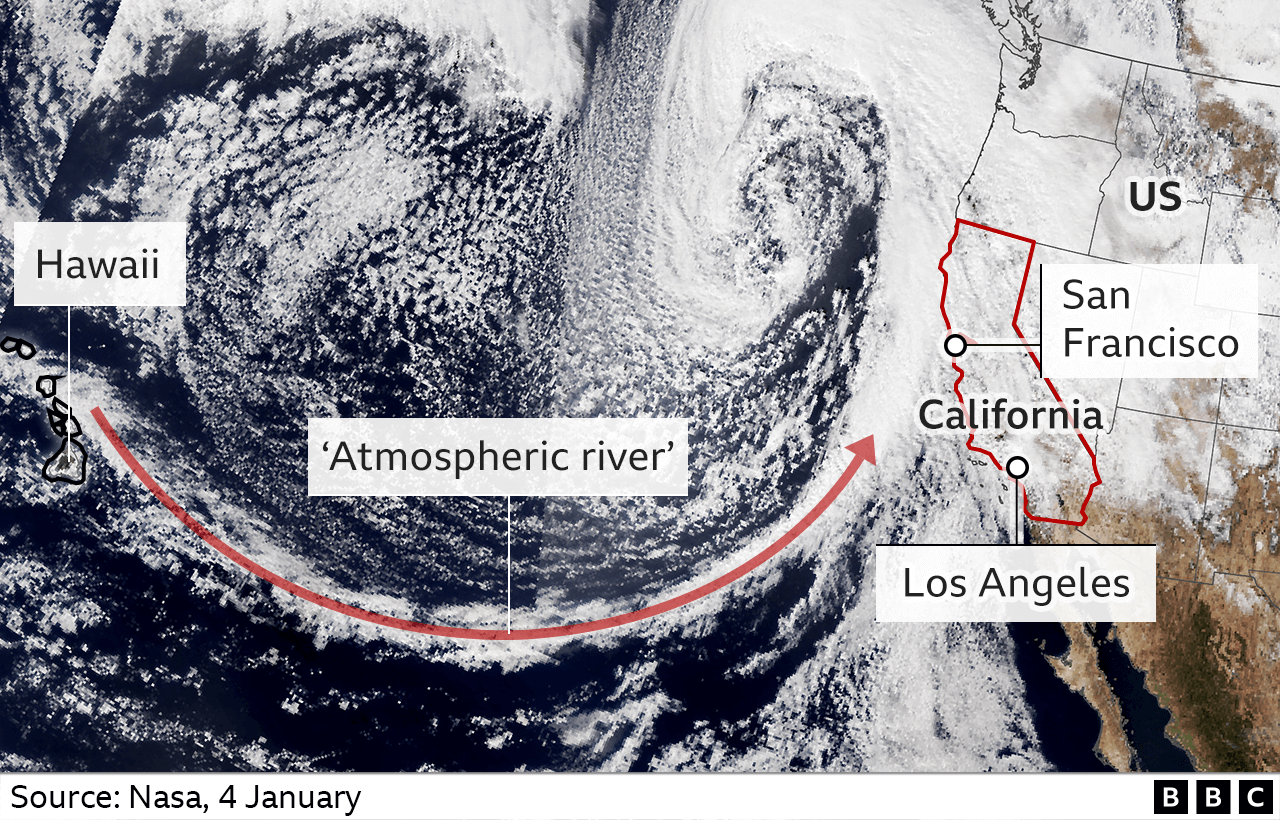Annotated satellite image of the storm heading for California