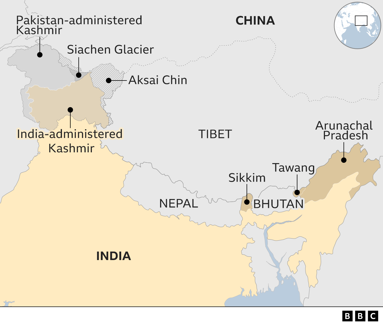 A map of China and India