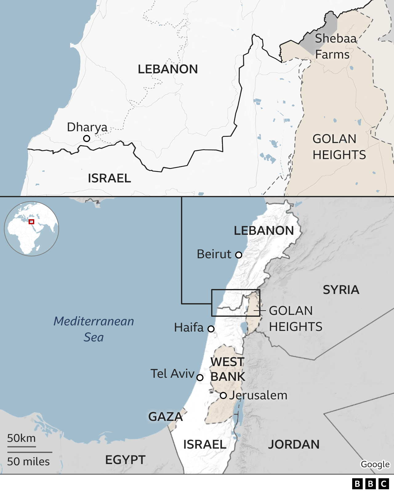 Карта с изображением приграничной зоны Израиля и Ливана