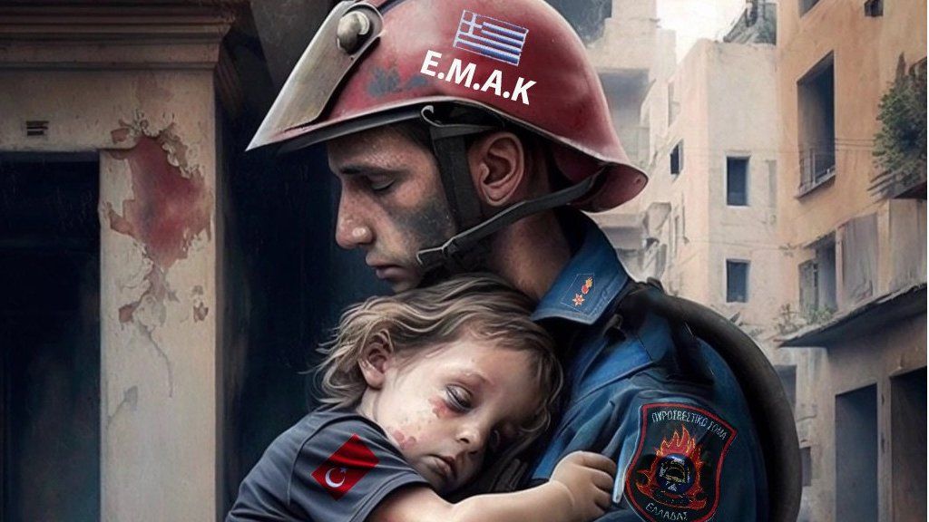 An AI-generated image of a fireman holding a child