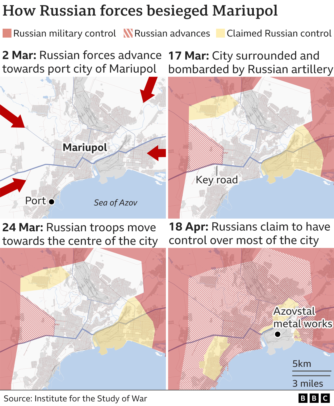 Map showing Russian advances in Mariupol since the start of March