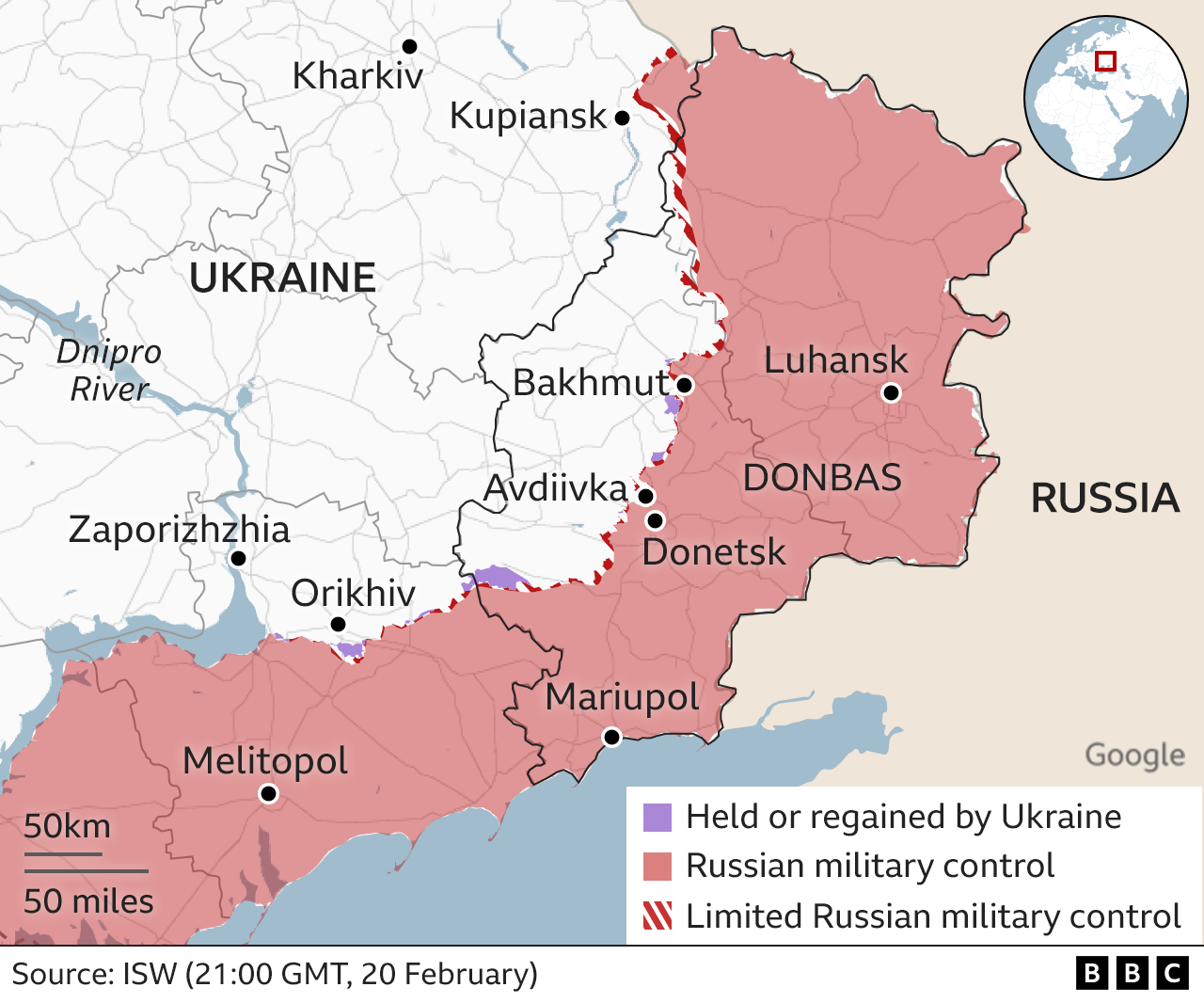 Map showing areas under Russian control and Ukrainian control, including Avdiivka