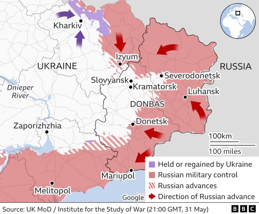 Map showing military control in eastern Ukraine