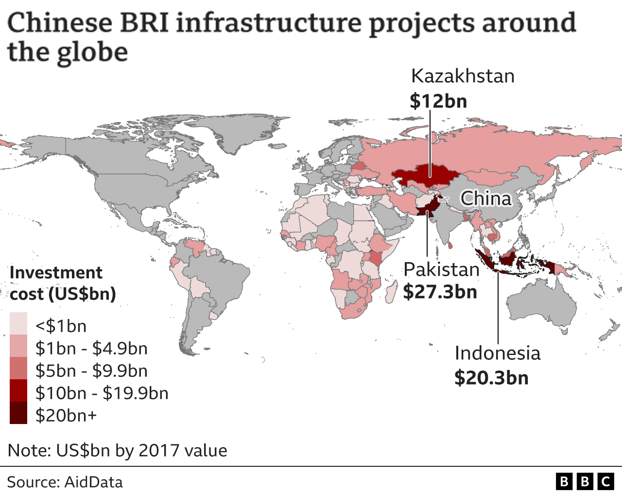 Map showing the combined value of China's infrastructure projects in different countries around the world.