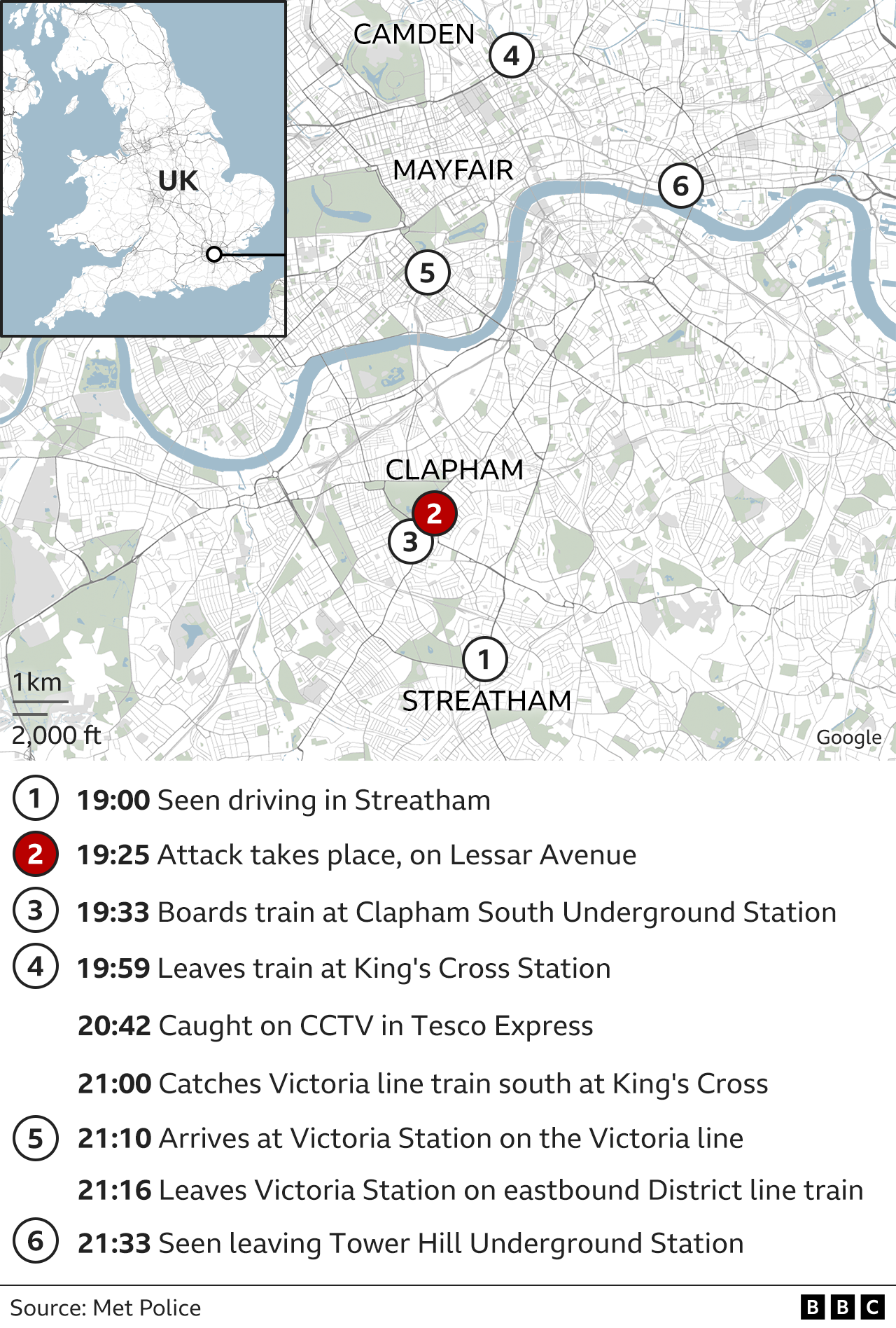 Map showing location and timings of sightings of Ezidi's car and movements on London Underground - 19:00 car seen in Streatham, 19:25 attack takes place in Lessar Avenue,19:33 Ezidi boards Tube train at Clapham South, 19:59 Arrives at King's Cross station, 20:42 in Tesco Express, 21:00 catches Victoria line train at King's Cross, 21:10 arrives at Victoria Station, 21:16 leaves on District line, 21:33 seen leaving Tower Hill Underground station