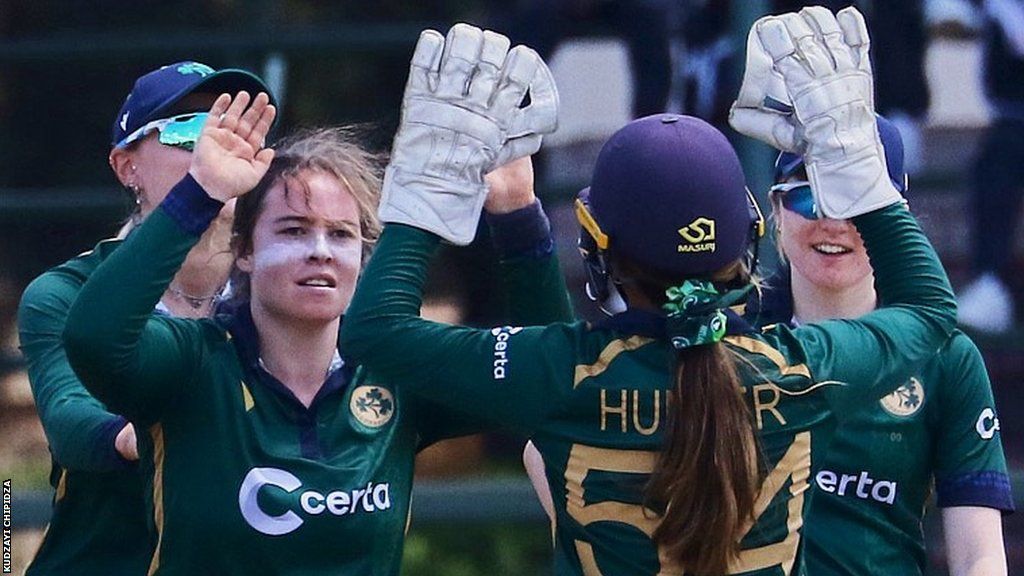 Cara Murray celebrates with wicketkeeper Amy Hunter after taking one of her six wickets