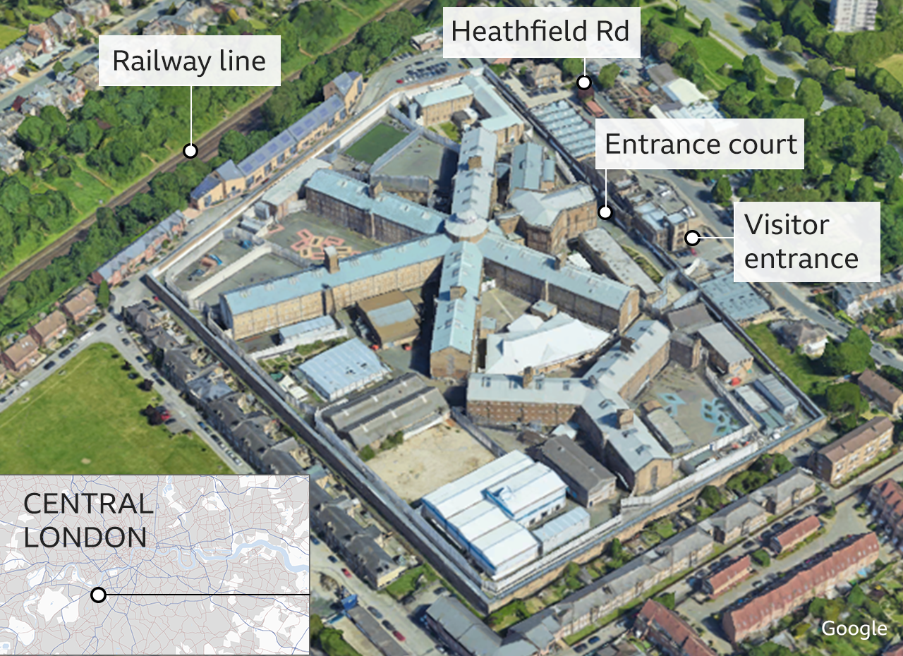 An aerial view of HMP Wandsworth and its exit points