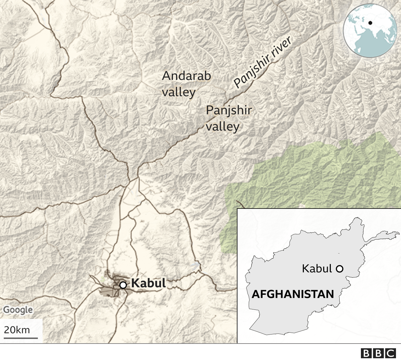 Map of Andarab and Panjshir valleys in Afghanistan