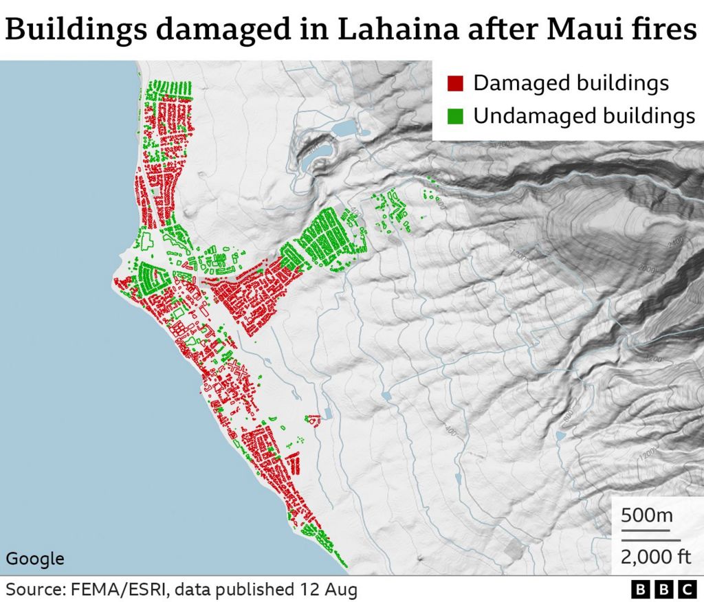 A map showing buildings damaged in Lahaina after Maui fires