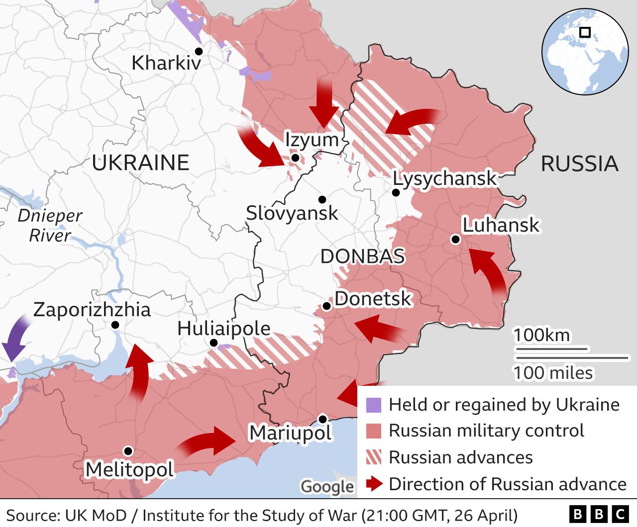 Map showing the Russian military advance into Ukraine from the east