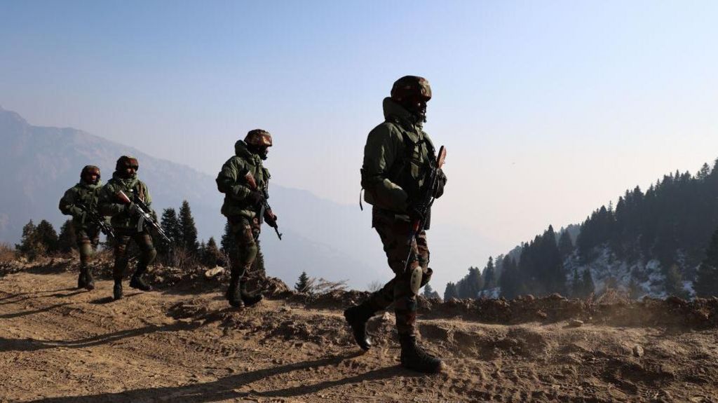 Indian army soldiers are patrolling the Line of Control (LoC) between Pakistan and India in Uri Sector, Jammu and Kashmir, India, on January 24, 2024.