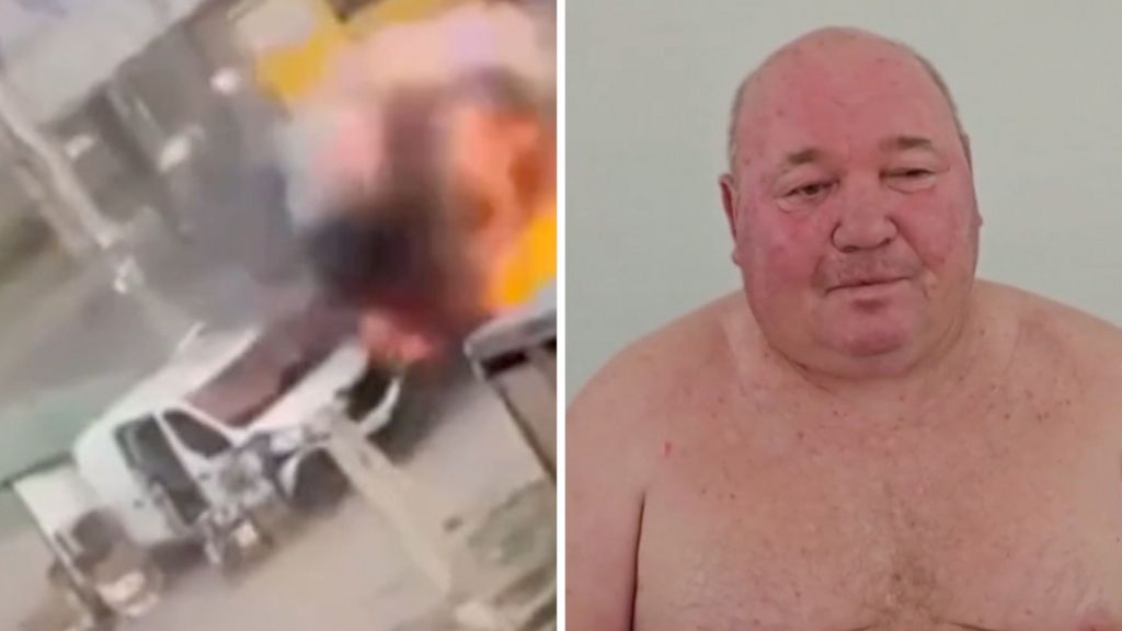 A shirtless man in a split screen with an explosion