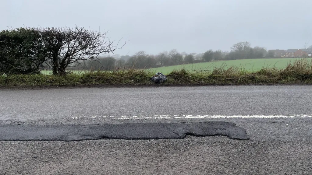 A repaired pothole on Cragg Lane in Newton, Derbyshire