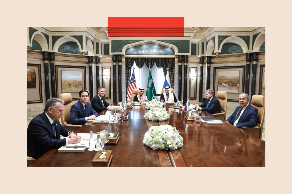 Russian Foreign Minister Sergey Lavrov and Foreign Policy Advisor Yuri Ushakov attending a meeting between Russia and the United States, in Riyadh, Saudi Arabia