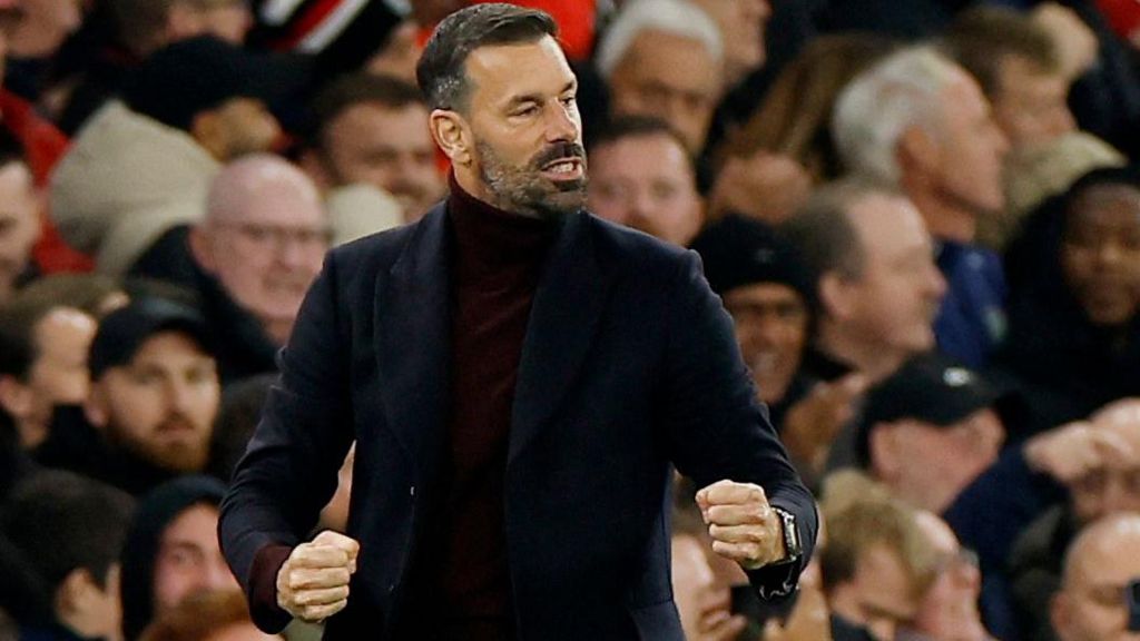 Manchester United interim manager Ruud van Nistelrooy celebrates Bruno Fernandes' opener against Chelsea at Old Trafford