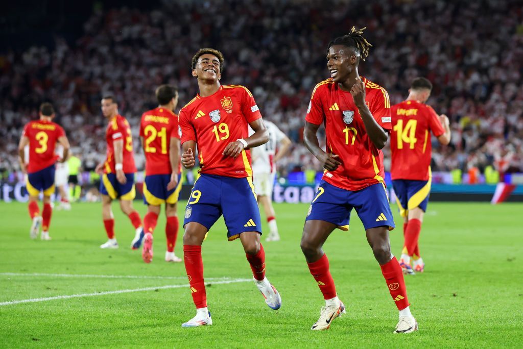 Lamine Yamal and Nico Williams of Spain celebrate a goal