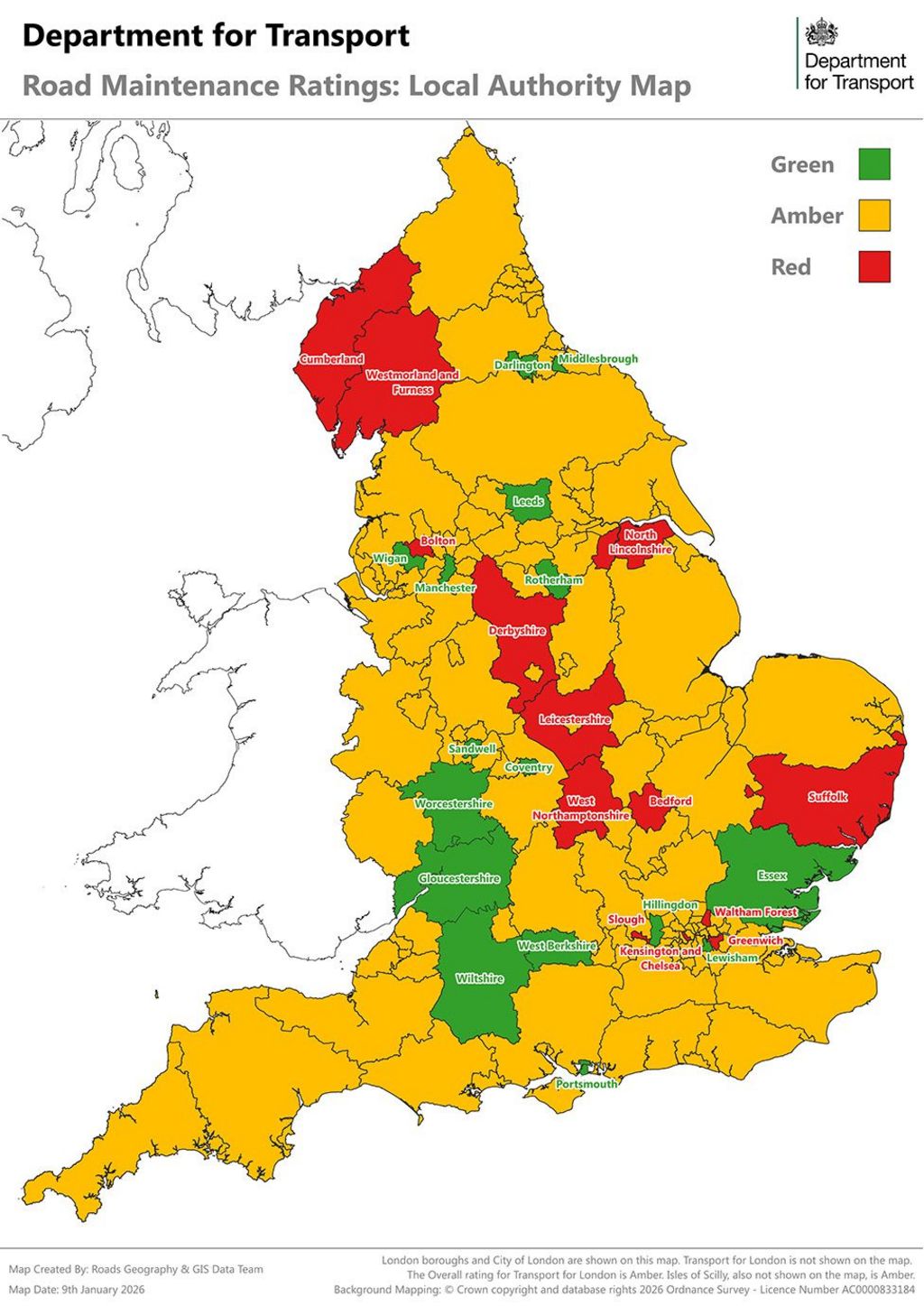 Map of the UK showing local authorities' green, amber, and red ratings for road maintenance 