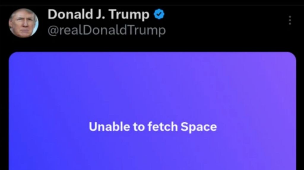 A screenshot of Donald Trump's Twitter page. It shows a blank blue screen underneath his username. Text on the screen simply reads 