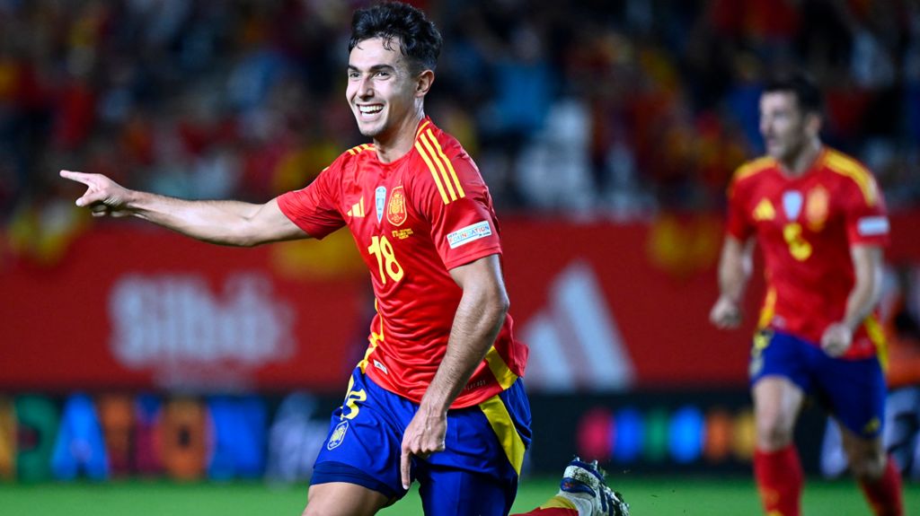 Martin Zubimendi celebrates scoring for Spain against Denmark in the Uefa Nations League