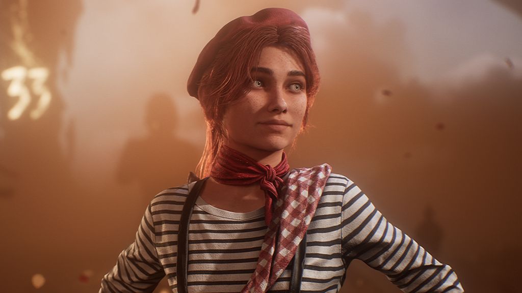Screenshot from Clair Obscur: Expedition 33 shows Maelle, a young, female character, wearing a red beret and striped white top with her hands on her hips. A haze of smoke illuminated by orange light fills the frame behind her.