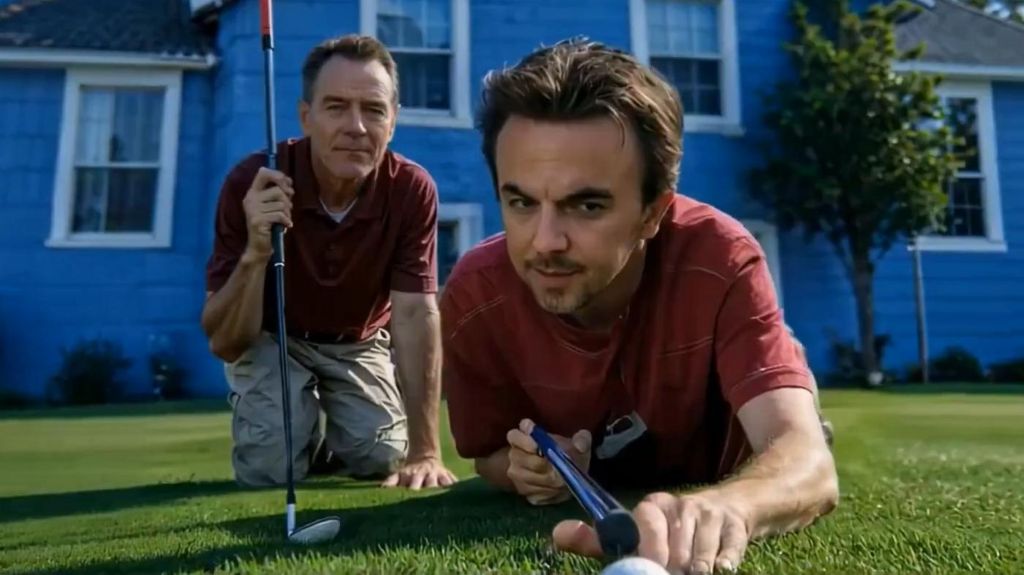 Hal and Malcom with golf clubs on the lawn of a house