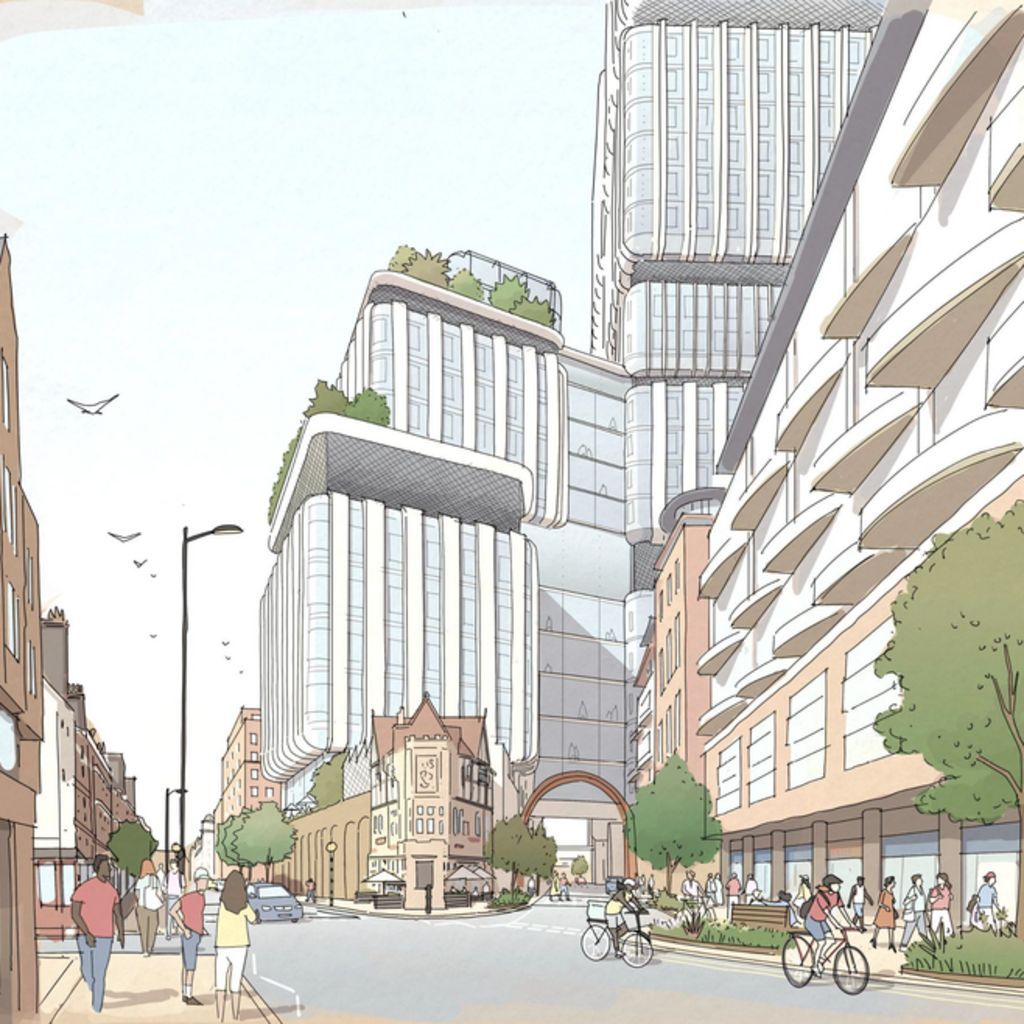 An artist's impression of how the new site will look. It shows a tall, modern building and two smaller glass-fronted buildings.