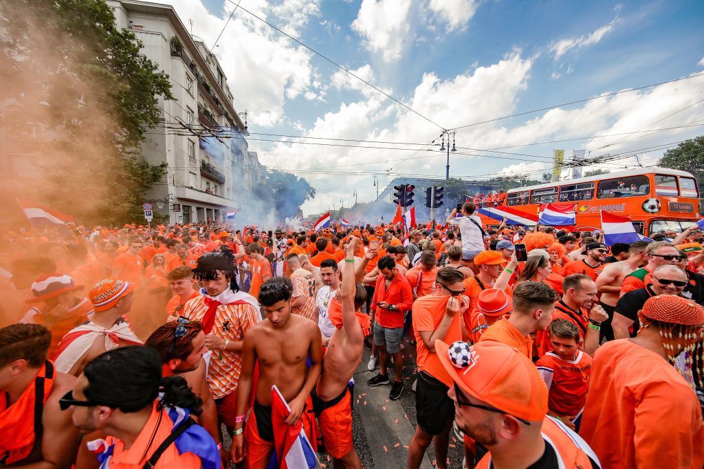 The Dutch fans and the double-decker bus in Budapest in Hungary