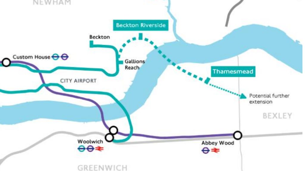 A Tube map shows how an extension of the DLR would come out of Gallions Reach to the north of the river with a turquoise colour - with dotted lines to Beckton Riverside and Thamesmead. 