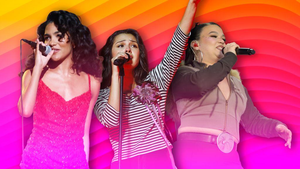 Pictures of Olivia Dean, Olivia Rodrigo and Lola Young performing, superimposed on a colorful background of pink, orange and yellow wavy lines.