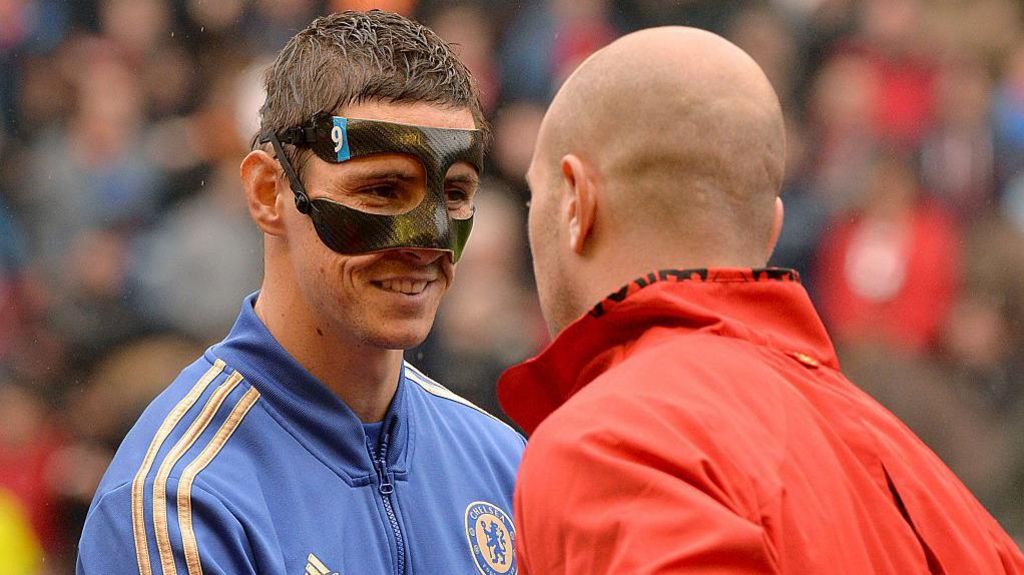 Chelsea's Fernando Torres wearing a mask against his former club Liverpool due to a broke his nose, received against Steaua Bucharest in the 2013 Europa League campaign.