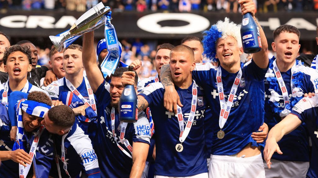 Ipswich celebrate their promotion to the Premier League 