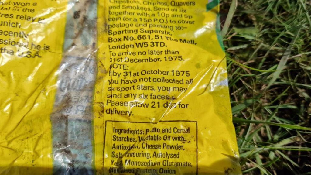 A close-up of the old Quavers crisp packet, showing a date of 31 October 1975