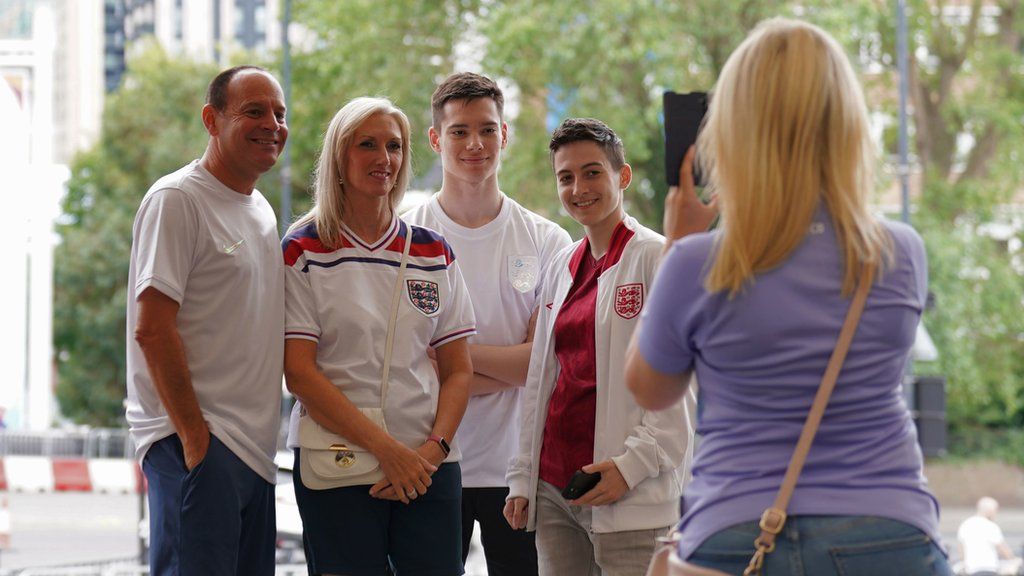 England fans pose for a photograph at Wembley Way ahead of the match