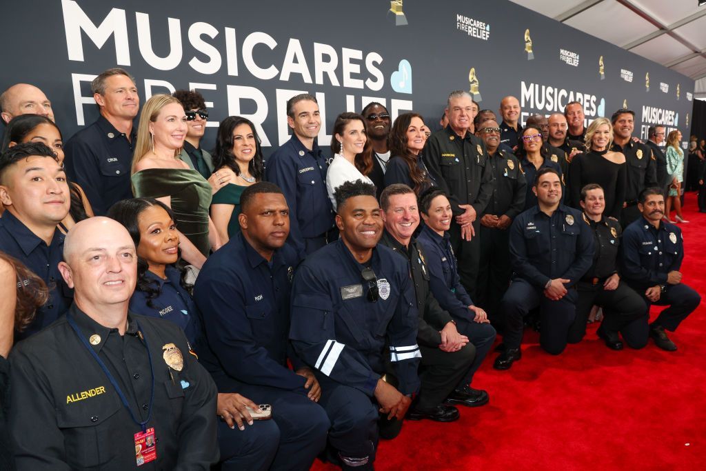 Firefighters on the red carpet of the Grammy Awards