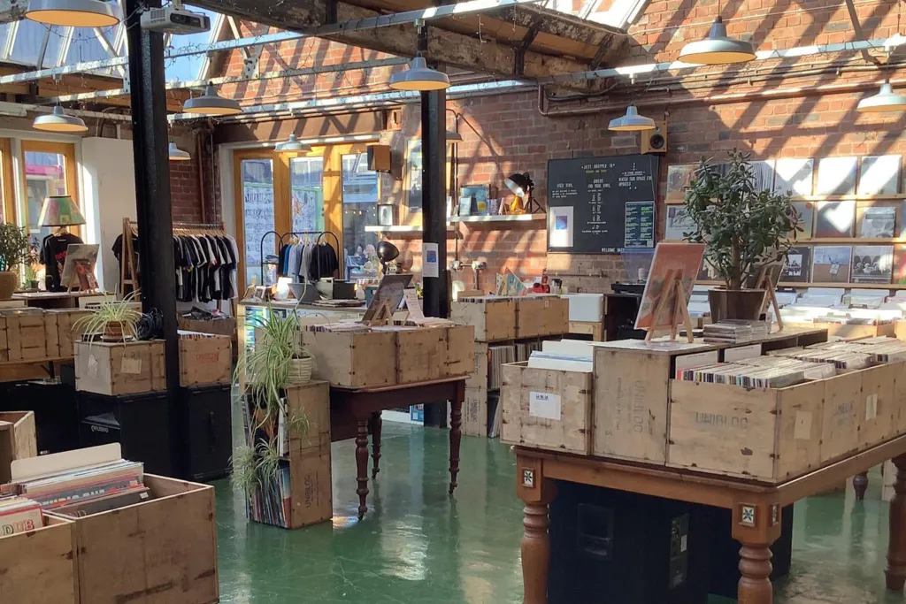 Just Dropped In record store, in Coventry's Fargo Village. It has crates of vinyl records on tables, with the shop also selling clothing which is on rails. The shop is decorated with plants. 