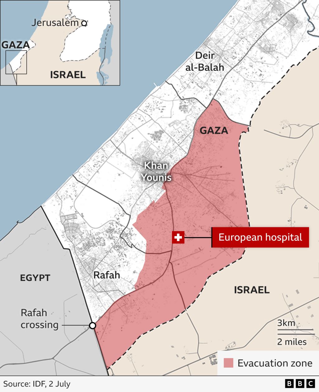 map showing southern gaza including the evacuation zone and the European hospital