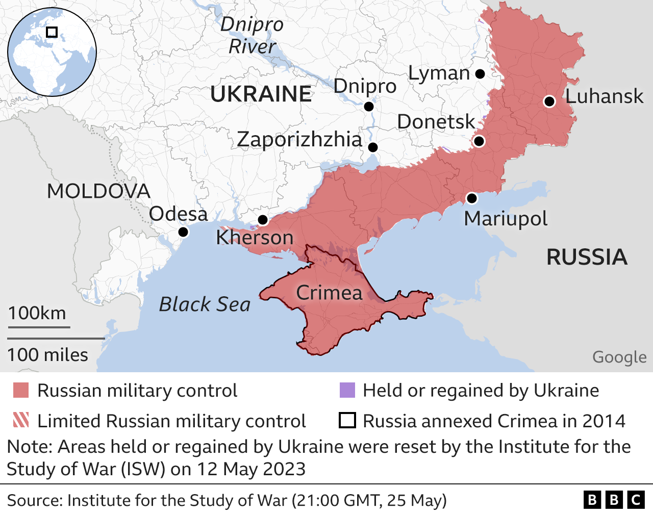 Карта, показывающая территории Украины, находящиеся под контролем России