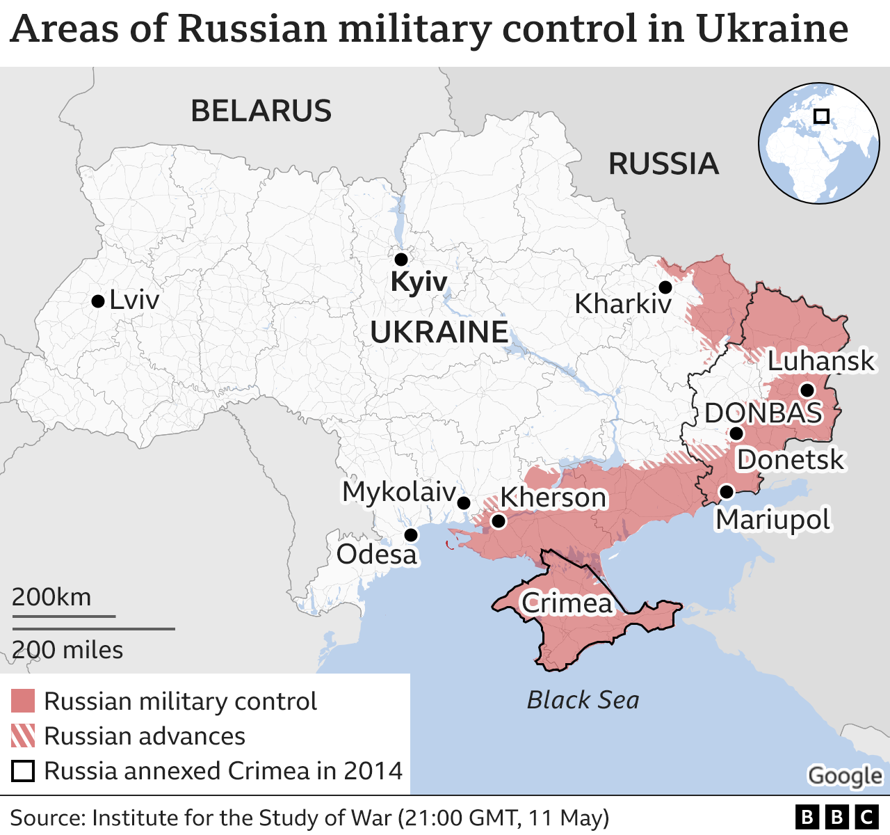 Map showing areas of Ukraine currently under Russian control