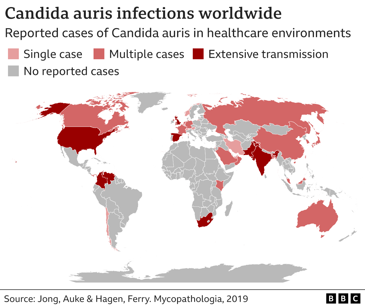 Карта зарегистрированных случаев грибкового патогена Candida auris в медицинских учреждениях по всему миру. В Канаде, России, Китае, Бангладеш, Австралии, Малайзии, Саудовской Аравии, Омане, Кении, Франции, Германии и Нидерландах зарегистрировано несколько случаев, но в Великобритании, США, Испании, Индии, Пакистане, Южной Африке, Венесуэле и Колумбии сообщили об обширных межбольничных передачах.