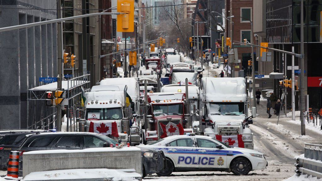 Trucks and a police barricade in Ottawa