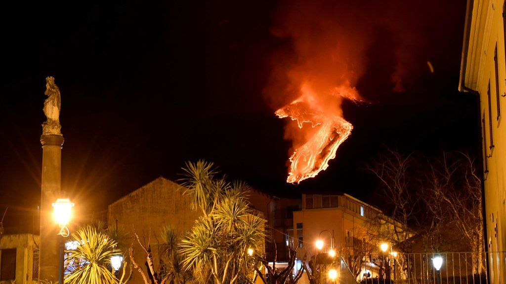 Mount Etna eruption seen from nearby town