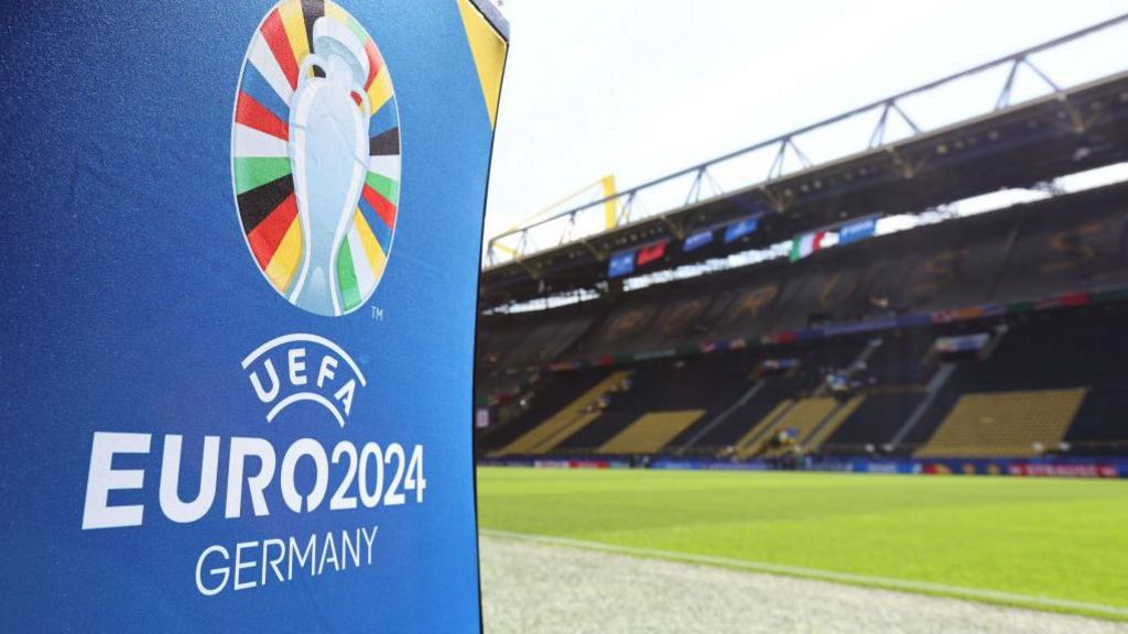 Image of the Euro 2024 logo by the pitch in Dortmund