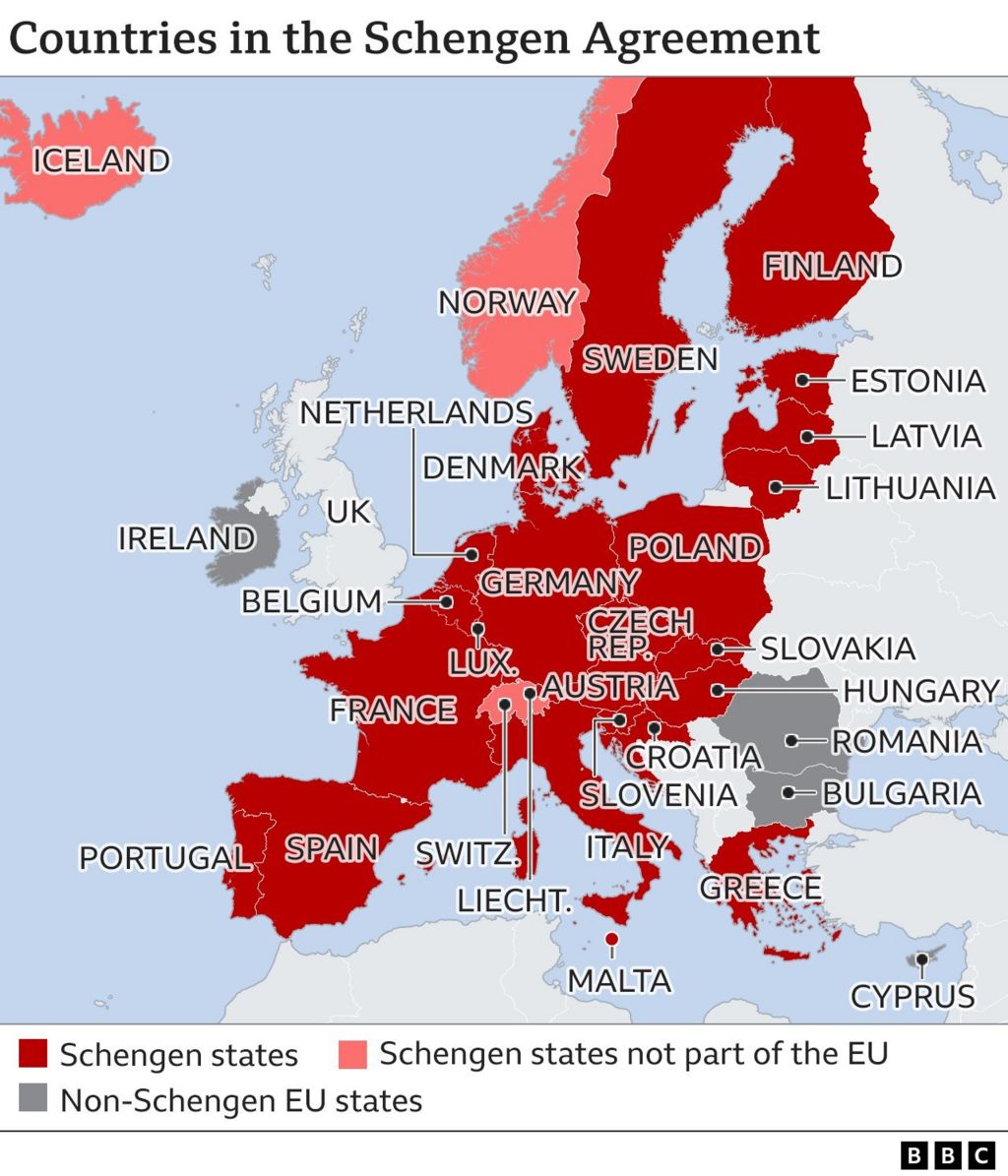 Map showing countries in the Schengen zone