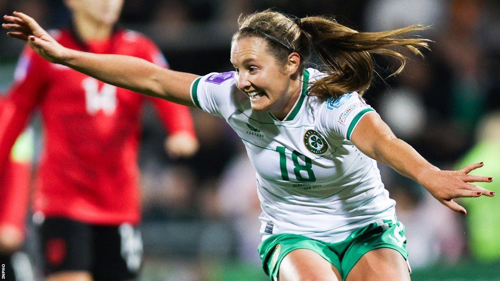 Kyra Carusa celebrates after scoring the Republic of Ireland's fourth goal at Tallaght Stadium