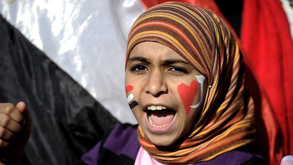 Woman shouts slogans against the military in Tahrir Square, Cairo (Feb 2011)
