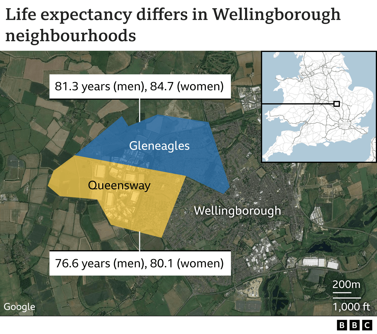 A map showing how life expectancy differs in two neighbouring parts of Wellingborough