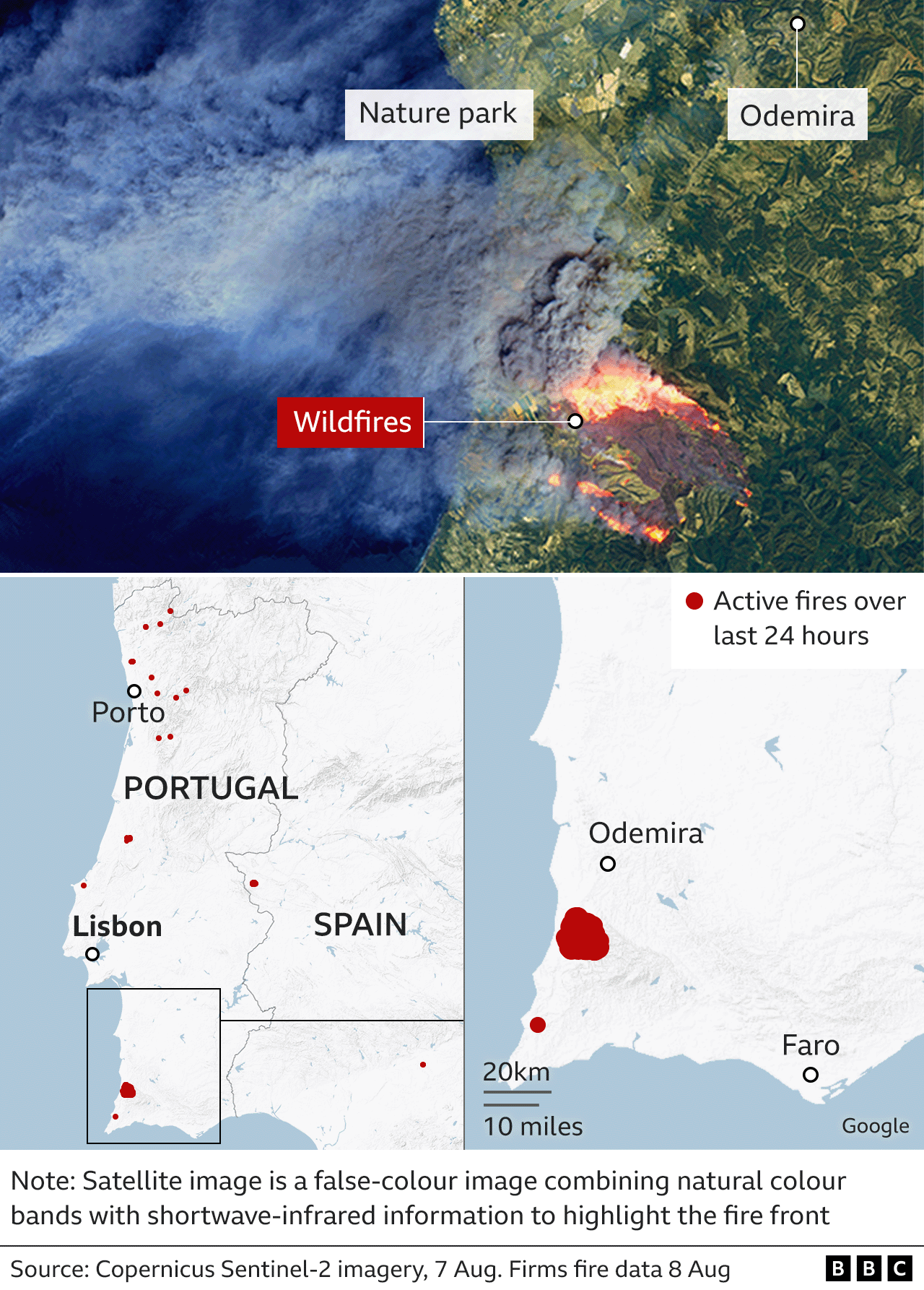 Карта лесных пожаров в Португалии